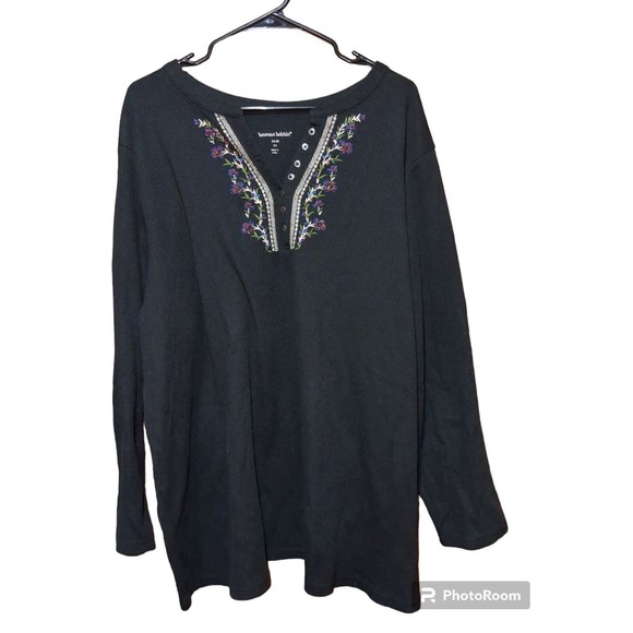 Woman Within Thermal Henley Shirt Womens 4X Black Long Sleeve Bead Embroidered - Picture 1 of 10